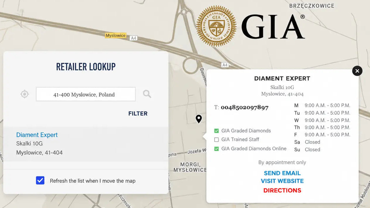 Screenshot showing the Diament Expert listing in GIA’s Retailer Lookup